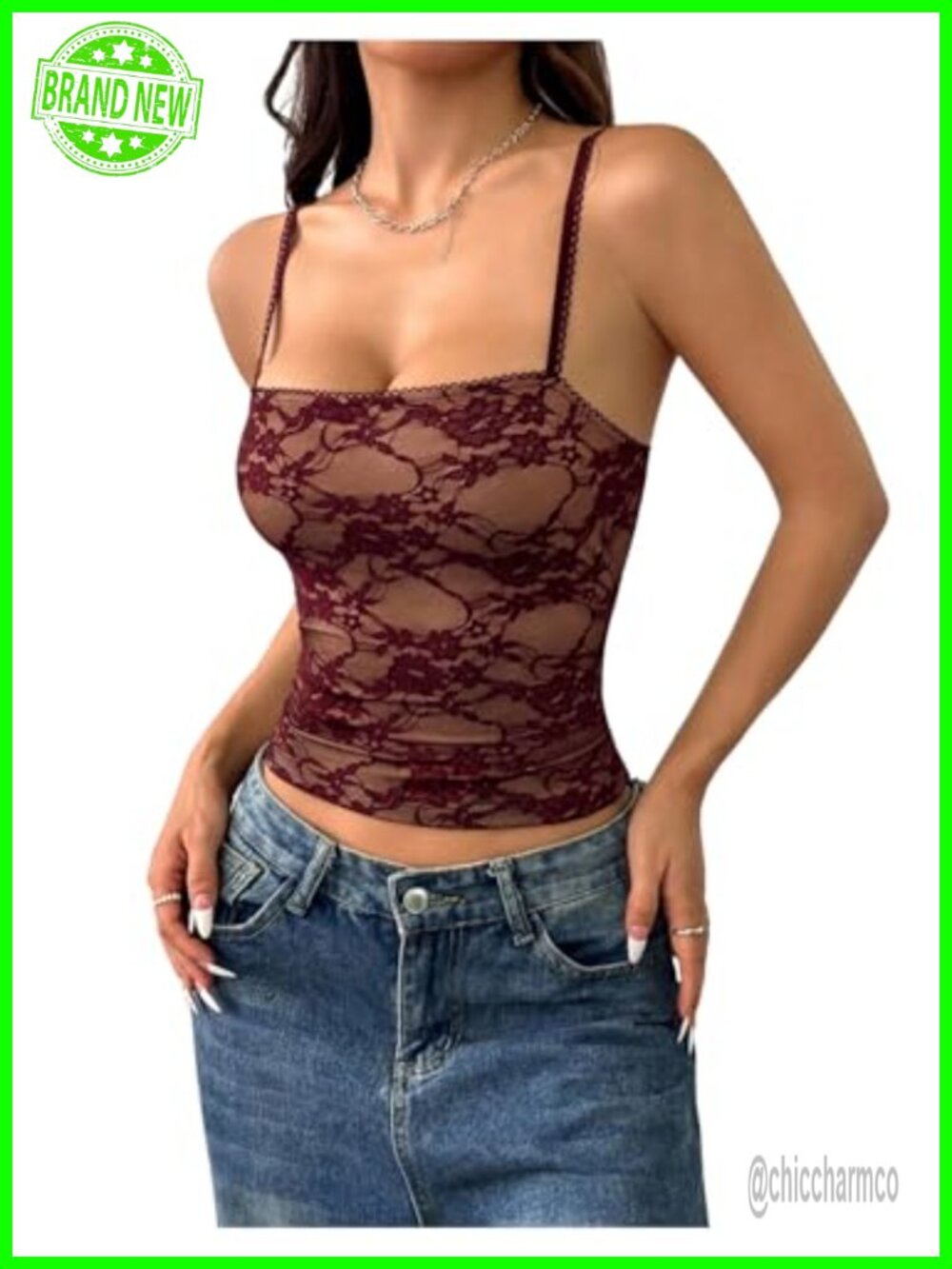 Women's Lace Crop Top Square Neck Spaghetti Strap Slim Fit Y2K